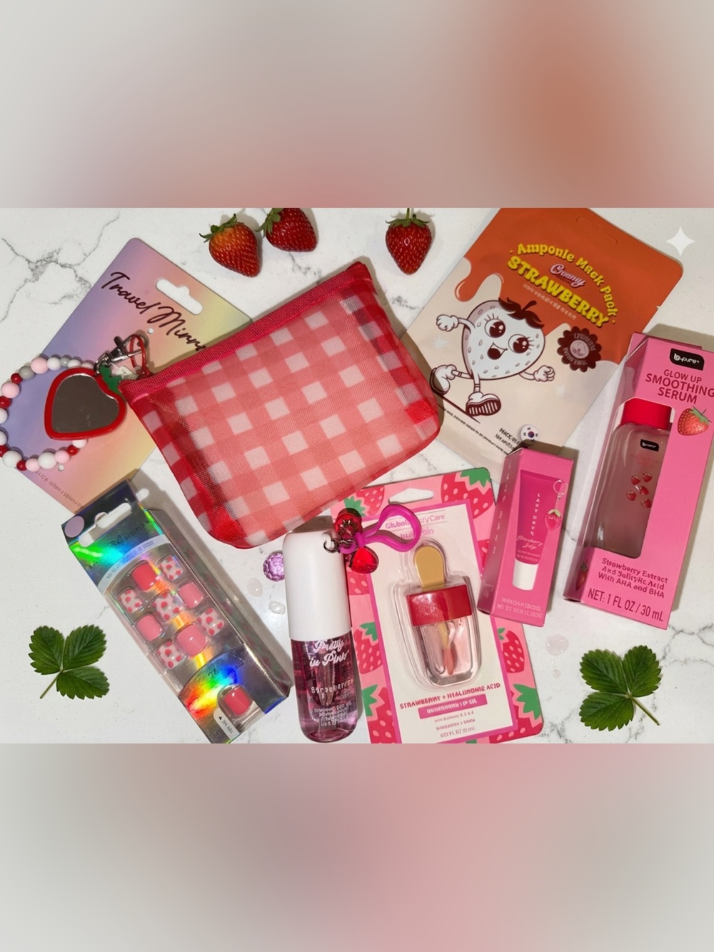 Red  Gingham Coin Purse with strawberry themed self care 8 piece gift set
